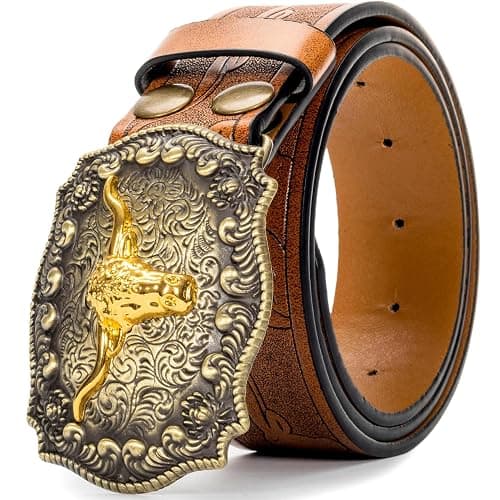 Mawjom Western Cowboy PU Leather Belt - Men Waist Strap Bull Decoration Floral Engraved for Jeans 25" to 38" Waist - Image 1