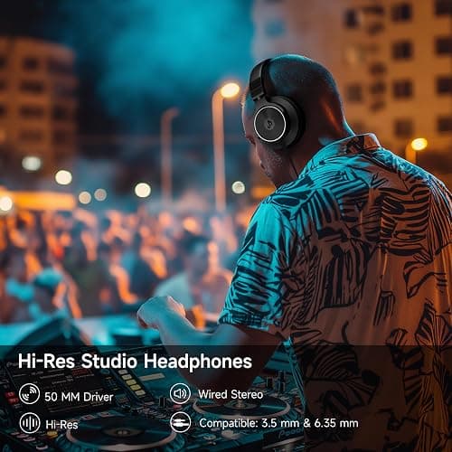 Rumoon Wired Over Ear Headphones, Studio Monitor & Mixing DJ Headphones with 50mm Neodymium Drivers and 1/4 to 3.5mm Jack for Guitar AMP Podcast Piano Keyboard (Black) thumbnail 2