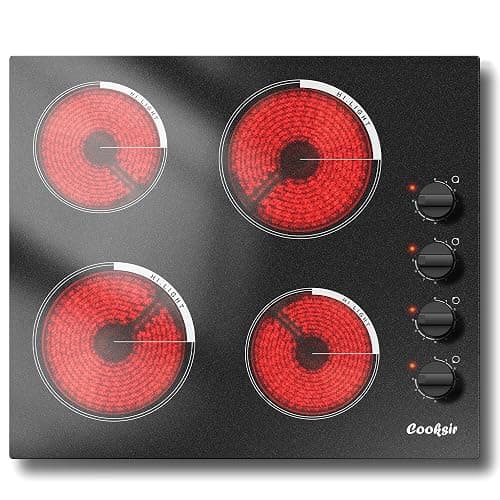 Cooksir Electric Cooktop 24 Inch - 4 Burner Built-in Electric Stove Top 6000W, Radiant Electrical Stovetop with 9 Heating Level, Knob Control, Auto Shut Off Protection, 220-240V Hard Wired (No Plug) - Image 1