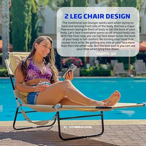 Face Down Tanning Chaise Lounge Chair - Face & Arm Holes - 2 Legs Support - Polyester Material – Backrest Positions - Head Rest Pillow - Beach or Home Use - Read and Tan - Tan Stripes Pattern thumbnail 3