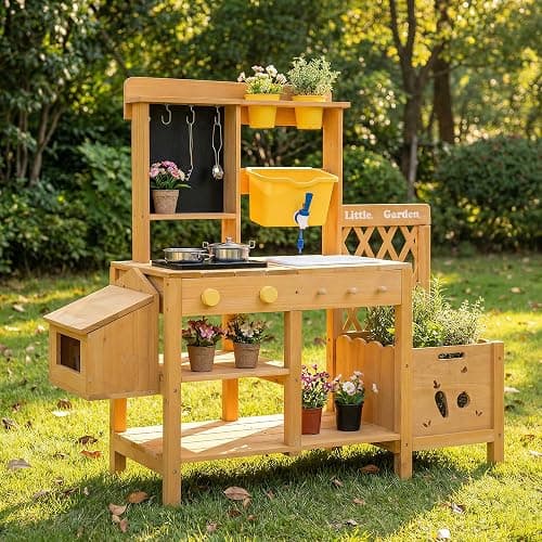 Wooden Mud Kitchen for Kids, Outdoor Play Kitchen with Real Running Water Sink, Mud Table, Gravity Water Tank, Planting Box, Critter Observation Box, 12-Pc Accessory Kit, Toddler Gift, Age 3+ - Image 1