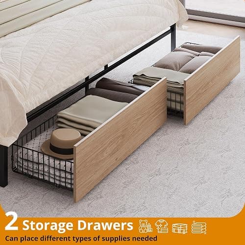 LIKIMIO King Size Bed Frame, Storage Headboard with Charging Station, Platform Bed with Drawers, No Box Spring Needed, Easy Assembly, Wood and Cream thumbnail 4