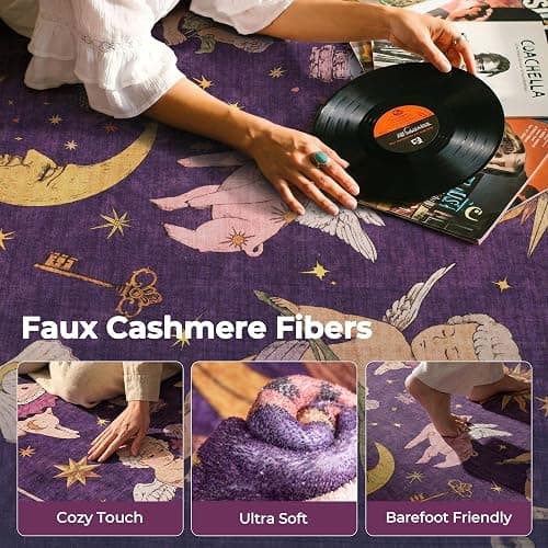 8x10 Celestial Sun Moon Unique Plum Dark Purple Soft Washable Area Rug | Low Pile Non-Slip Carpet with Vintage Whimsical Boho Decorative Pattern; Cottagecore Style for Living Rooms or Large Bedrooms thumbnail 5