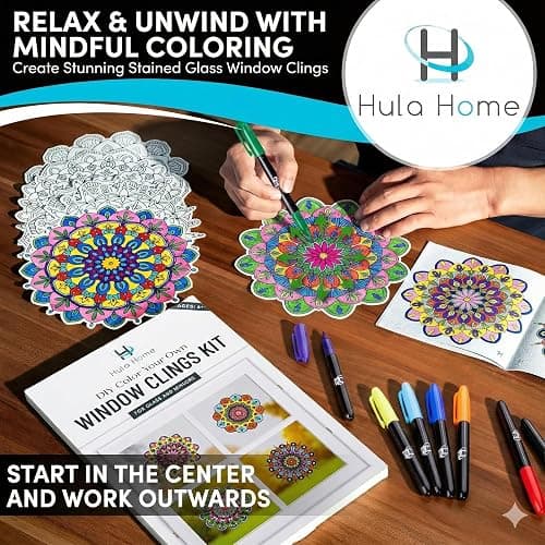 Hula Home Stained Glass Mandala Art Kit - DIY Window Clings with Markers, 10 Suncatchers - Perfect Hobby for Adults, Kids, Teens & Seniors - Ideal Gift for Beginners, Women & Elderly thumbnail 2