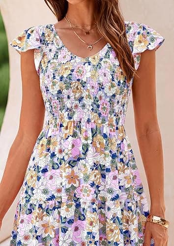 PRETTYGARDEN Women's Summer Flowy Maxi Dress Casual Cap Sleeve V Neck Smocked Beach Sundress thumbnail 5