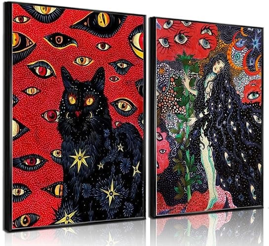 2Pcs Black Cat Cohen Hippie Psychedelic Wall Art Retro Fun Cool Girl Mystical Animal Eyes Stars Canvas Posters Prints Cat Lovers Wall Decor Pictures Bedroom Living Room Dorm Decoration Unframed - Image 1
