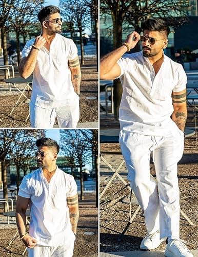 COOFANDY Men's 2 Pieces Cotton Linen Set Casual Short Sleeve Henley Shirts Beach Yoga Pants Summer Outfits thumbnail 4