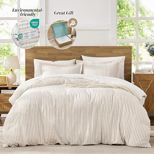 MILDLY Jacquard Stripe Duvet Cover - 100% Washed Cotton Light Khaki Boho Textured Comforter Cover 3pcs with Zipper Closure 90"x90" thumbnail 3