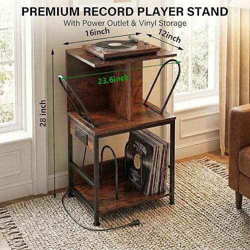 ZEXVIDA Record Player Stand with Vinyl Storage, Large Record Table Holds 180 Albums, Vinyl Record Storage Stand with USB Charger, Multi-Functional Side Table & Shelf for Living Room Bedroom thumbnail 2