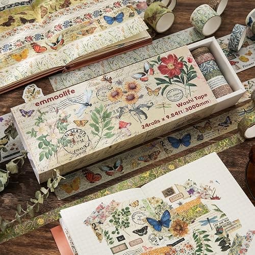 24 Rolls Vintage Washi Tape Set, Floral Letter Butterfly Mushroom Botanical Flower Writable Decorative Tapes for Scrapbooking , Junk Journal supplies, Bullet Journaling 5-75mm Wide 9.84ft long/Roll thumbnail 5