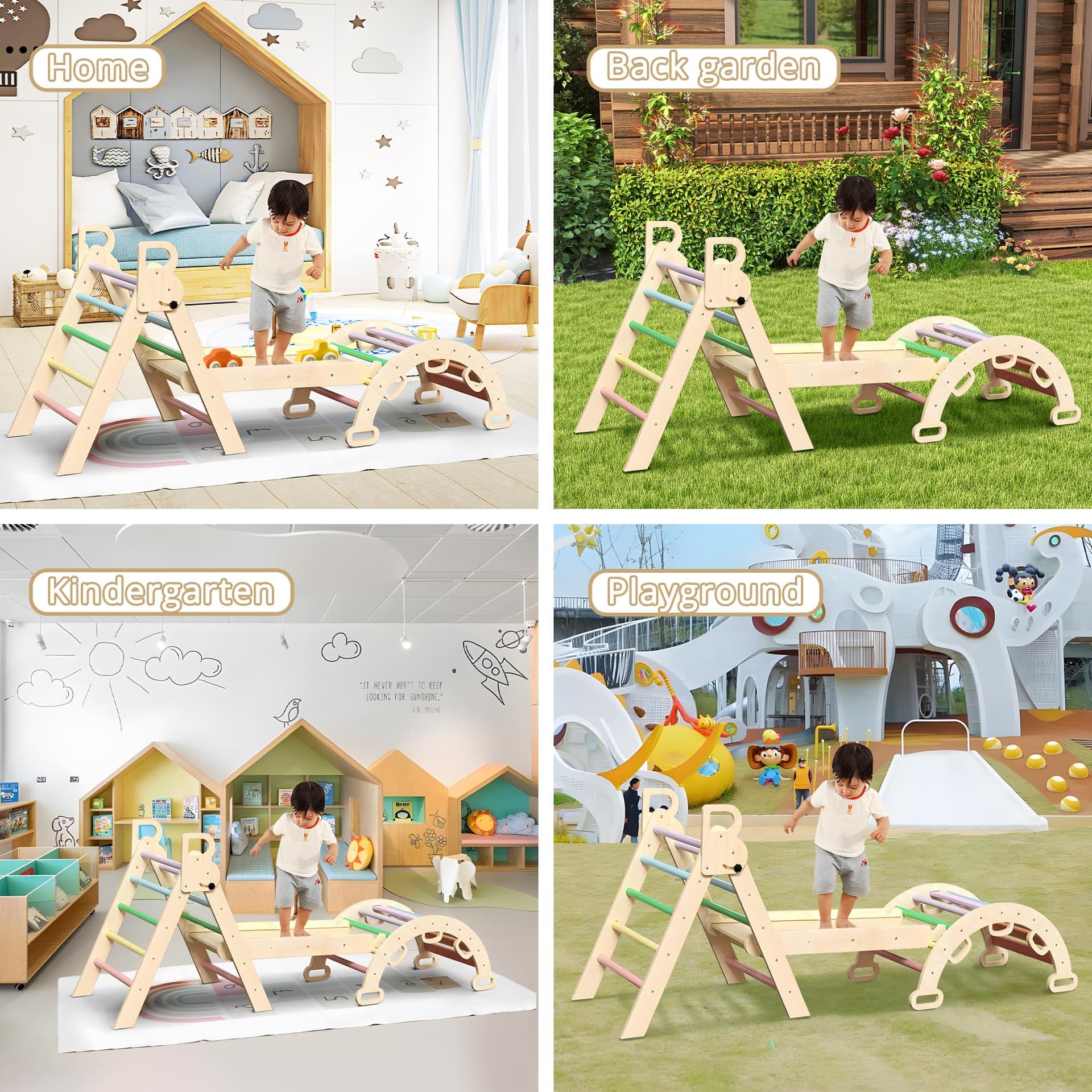 Kids Triangle Climbing Toys Set 7 in 1 Foldable Toddler Wooden Climbing Toys with Arch Ramp Ladder Baby Climber Indoor Jungle Gyms for Toddlers - Rainbow thumbnail 6