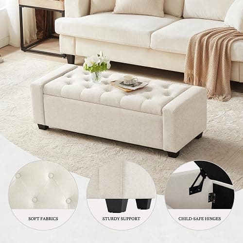 Huatean Home 48" Ottoman with Storage, Storage Ottoman Bench with Safety Hinge, Upholstered Entryway Bench with Seating for Bedroom, Living Room, Holds up to 330 lb, Beige thumbnail 4