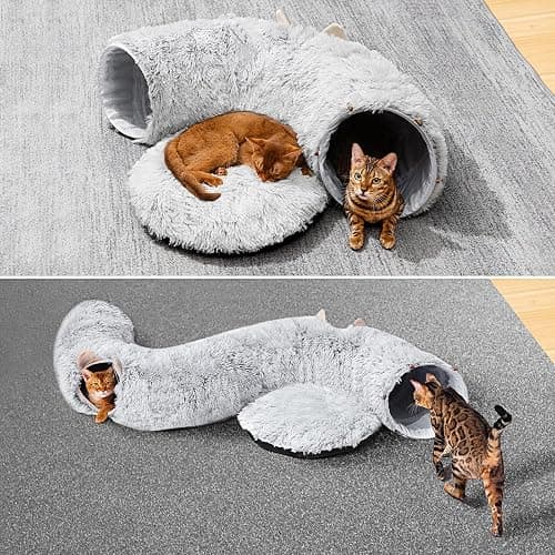 ZVBEK Cat Tunnel with Cat Bed for Indoor Cats, Under Christmas Tree Soft Plush Peekaboo Cat Cave Donut Tunnel, Multifunctional Cat Playground Toys Hideplace for Cats, Kittens, Rabbit, Ferret (Grey) thumbnail 3