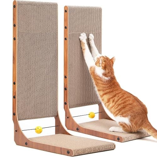 FUKUMARU Cat Scratcher, 26.8 Inch Cat Scratch Pad for Indoor Cats, L Shaped Cardboard Vertical Cats Scratching Board with Ball Toy, Walnut Color, 2 Packs - Image 1