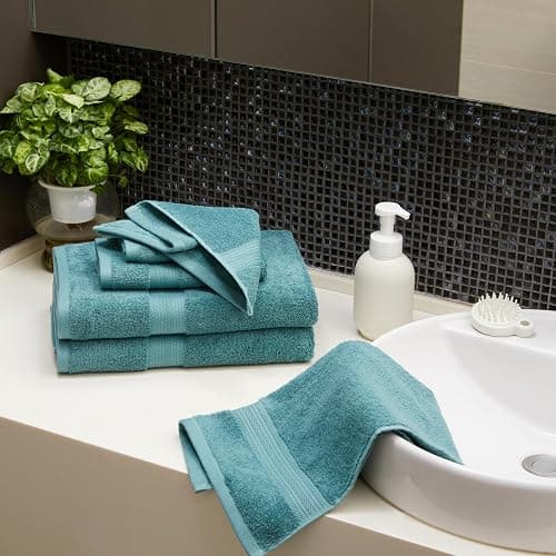 Amazon Basics Fade Resistant Bath, Hand and Washcloth Towel Set, 100% Cotton, Set of 6, Teal Green thumbnail 2