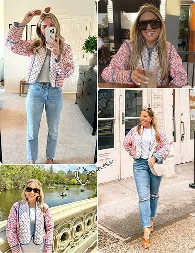 Omoone Women's Cropped Floral Reversible Quilted Jacket Cardigan Printed Lightweight Open Front Padded Puffer Coat thumbnail 2