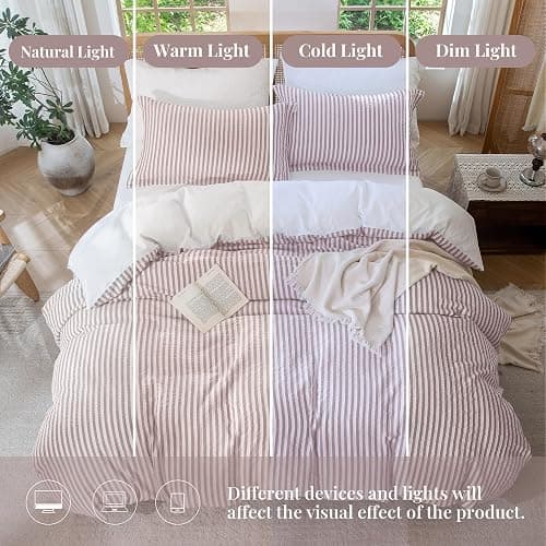 MILDLY Jacquard Stripe Duvet Cover - 100% Washed Cotton Pale Mauve Boho Textured Comforter Cover 3pcs with Zipper Closure 90"x90" thumbnail 6