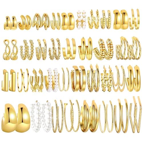 42 Pairs Gold Hoop Earrings Set for Women, Fashion Chunky Pearl Earrings Multipack Twisted Statement Earring Pack, Hypoallergenic Small Big Hoops Earrings for Birthday Party - Image 1