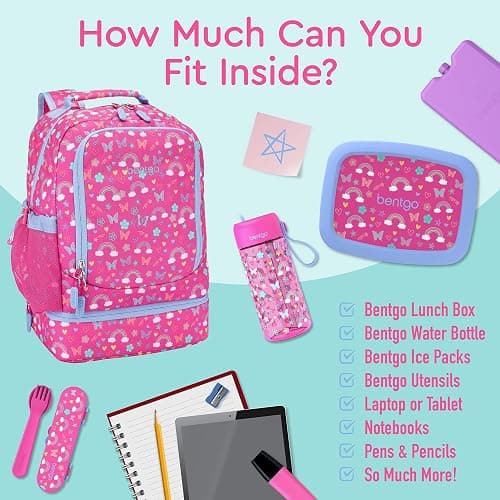 Bentgo Kids 2-in-1 Backpack & Insulated Lunch Bag - Durable 16” Backpack & Lunch Container in Unique Prints for School & Travel - Water Resistant, Padded & Large Compartments (Rainbows & Butterflies) thumbnail 4