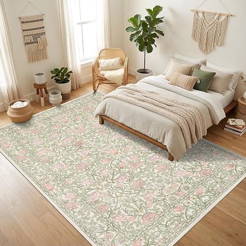*BOUGHT, Heather* GarveeHome Pink and Green Vintage Floral Washable Rugs 8x10 for Living Room Boho Retro Botanical Rug Low Pile Stain Resistance Non Slip Carpet for Bedroom Nursery Dining Room thumbnail 3