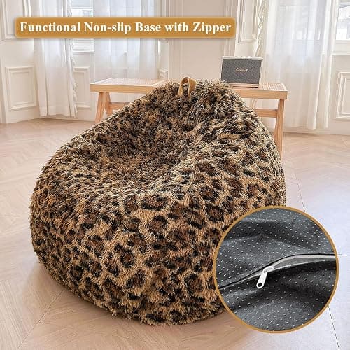 XeGe Faux Fur Leopard Print Bean Bag Chair Cover (No Filler), Fluffy Stuffed Animal Storage Cheetah Bean Bag Home Decor, Furry Fuzzy Big Beanbag Cover for Adults Teens Kids Girls, Anti-slip, Brown thumbnail 4