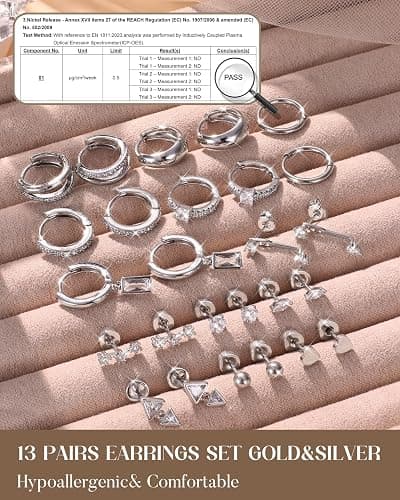 Dochais 13 Pairs 14K Gold Silver Earring Set for Women Hypoallergenic 316L Surgical Steel Stud Hoop Flat Back Cartilage Earrings for Multiple Piercings Dainty Huggie Jewelry thumbnail 7