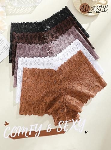 ALL OF SHE Sexy Underwear Panties for Women Cheeky V Waist Lace Boyshorts Plus Size Underwear Women 5 Pack thumbnail 2
