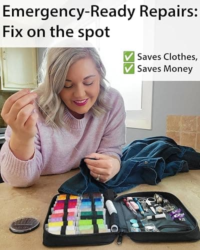 Vellostar Sewing Kit for Adults & Beginners – Portable Needle & Thread Travel Kit w/ 24 Thread Colors, Needles, Scissors & Tape Measure for Emergency Clothing Repairs, Buttons, Hemming & Home Mending thumbnail 9