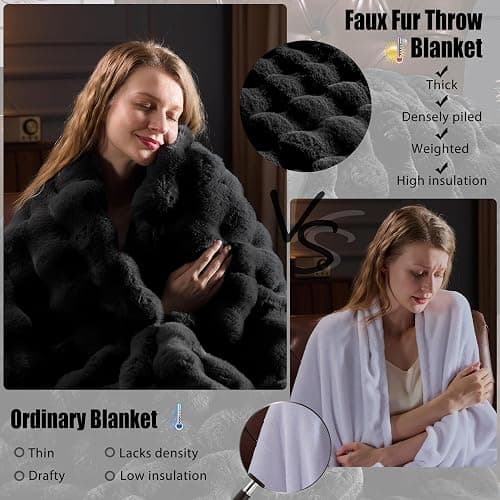 PLUUSHUU Faux Fur Throw Blanket for Couch, Fluffy Fuzzy Plush Bubble Blanket, Soft Warm Cozy Shaggy Rabbit Blanket, Luxury Decorative Gifts for Sofa Bedroom Living Room, 60x50inch (Black) thumbnail 2