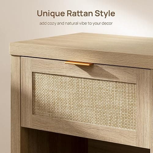 SICOTAS Nightstands Set of 2 Rattan Night Stand with Drawer | Farmhouse Bedside Table with Storage Shelf - Boho End Side Table for Bedroom, Light Oak thumbnail 4