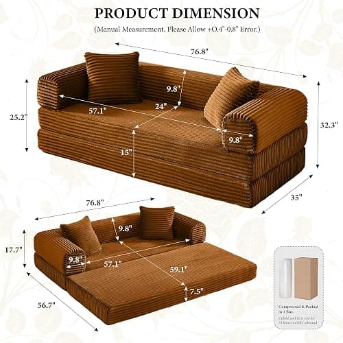 KOPSEE Boneless Couch Versatile Couches for Living Room No-Install Sofa Bed Corduroy Futon Soft Cloud Couch with Pillows for Bedroom Game Movie (Orange) thumbnail 2
