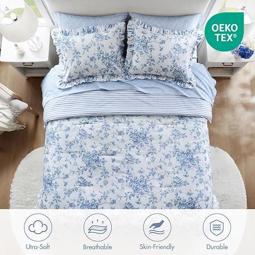 Madison Park Essentials Adele Blue Floral Full Size Comforter Set – Vintage Bed in a Bag with Sheets, Reversible Ruffle Bedding, Elegant Gift for Her thumbnail 5