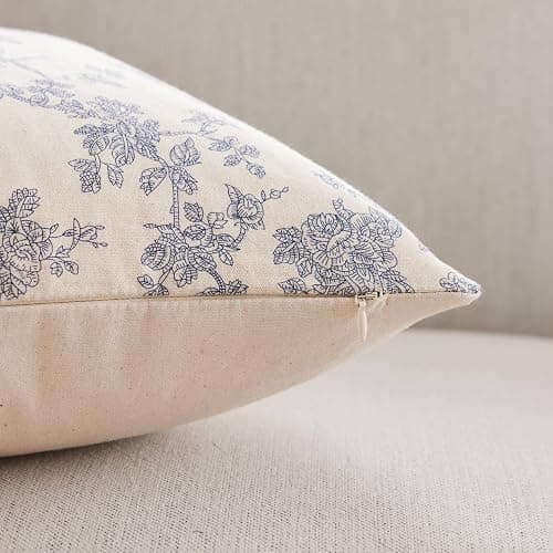 YZJZEDS 2 Pack French Floral Throw Pillow Covers 18x18in, Blue/Cream | 100% Organic Cotton, Vintage Botanical Decorative Pillow Cases, Farmhouse Pastoral Cushion Covers for Living Room Sofa Couch thumbnail 3