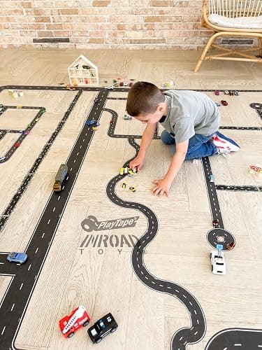 PlayTape Road Tape and Curves for Toy Cars - 1 Roll of 30 ft. x 2 in. Asphalt Road + 1 Roll of 36 Curves thumbnail 8