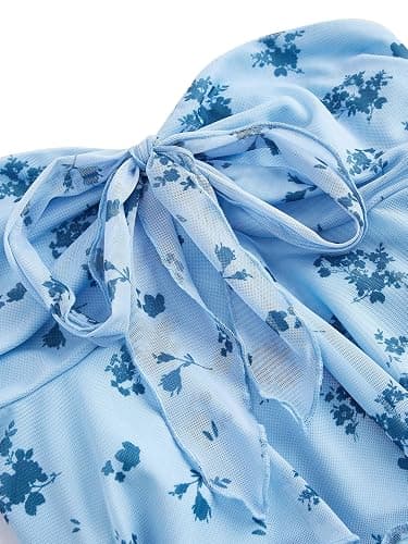 SHENHE Women's Floral Strapless Tie Front Lettuce Trim Asymmetrical Flare Boho Tube Top thumbnail 4