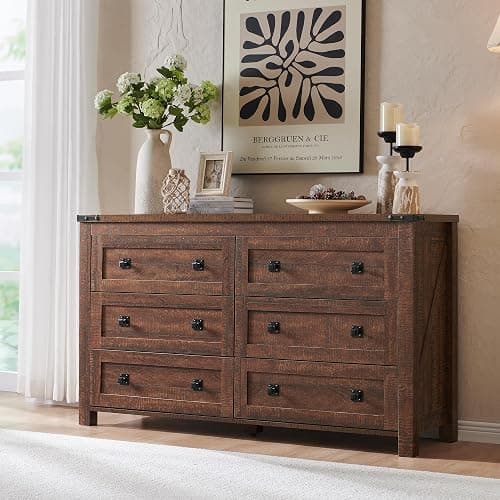 RedLemon Farmhouse 6 Drawer Dresser for Bedroom, 54 Inch Wide Rustic Wood Dresser TV Stand, Chest of Drawers for Closet, Living Room, Hallway, Reclaimed Barnwood - Image 1