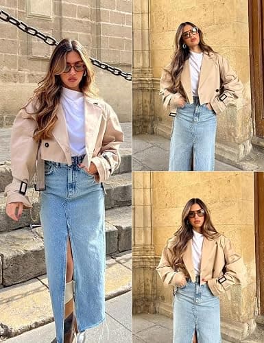 Xiaoxuemeng Womens Cropped Bike Jacket Casual Double Breasted Trench Coat with Belt thumbnail 3