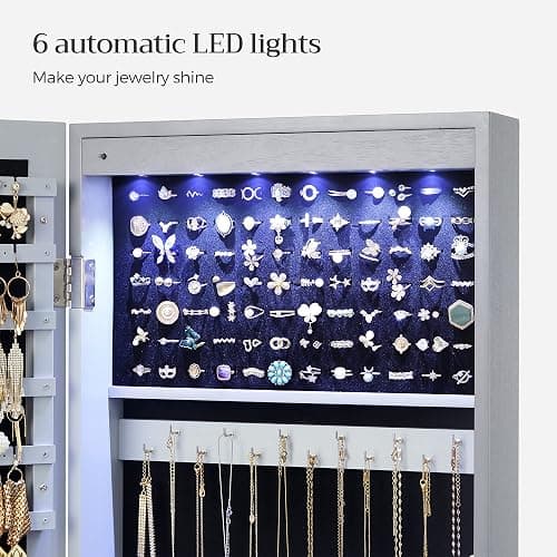 SONGMICS 6 LEDs Mirror Jewelry Cabinet, 47.2-Inch Tall Lockable Wall or Door Mounted Jewelry Armoire Organizer with Mirror, 2 Drawers, 3.9 x 14.6 x 47.2 Inches, Gray UJJC93GY thumbnail 5