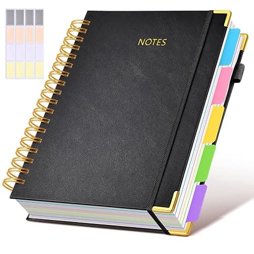 Hardcover Spiral Notebook journal with Removable Dividers Tabs, 300 Pages Leather 5 Subject Notebook College Ruled, 8"x10" Large B5 Notebooks for Work School Note taking, Lined Journal for Women,Black - Image 1