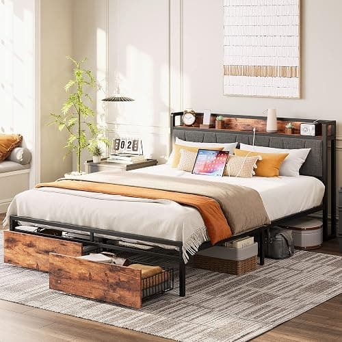 LIKIMIO Queen Bed Frame, Storage Headboard with Charging Station, Platform Bed with Drawers, No Box Spring Needed, Easy Assembly, Vintage Brown and Gray thumbnail 8