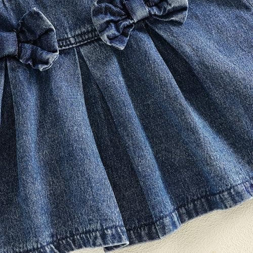 XIXIMAON Summer Fall Baby Girl Clothes Ribbed Romper Denim Skirt Set 2pcs | Infant Baby Girl Autumn Winter Outfits Solid Color Ruffle Long Sleeve Ribbed Knit Romper Bow Front Denim Overall Dress Set thumbnail 5