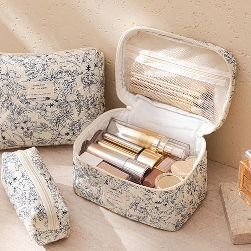 HBselect Quilted Makeup Bag, 3PCS Cotton Large Travel Makeup Bag, Cute Floral Coquette Make up Bag Cosmetic Bag Toiletry Bag for Women Girls thumbnail 2