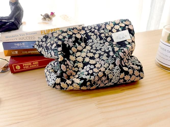 Travel Makeup Bag Accessory Zipper Pouch for Cosmetics, Purse Organizer, Embroidery Lucky Flowers Black thumbnail 6