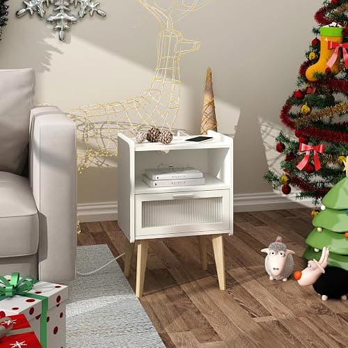 Nightstand with Charging Station, Bedside Tables with Glass Decorative Door, End Table Side Table with 2 Tiers Storage Space, for Bedroom, Living Room, White CAMLBZ07WE thumbnail 4