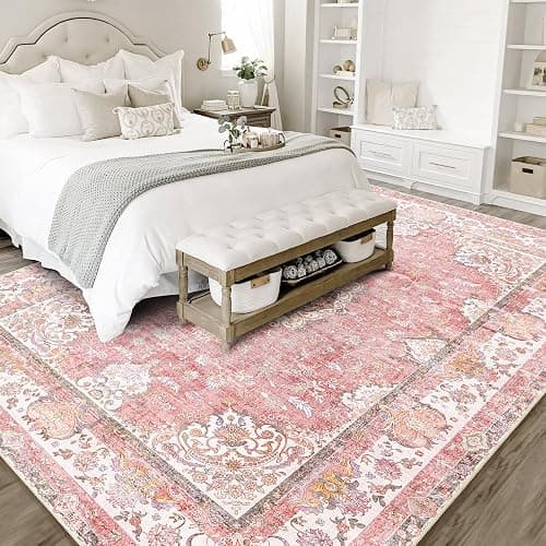 Castage 8'x10' Area Rugs Washable,Pink Rug for Living Room Bedroom Dining Room,Large Boho Vintage Bohemian Distressed Oriental Carpet Non Slip,Blush Floral Flowers thumbnail 3