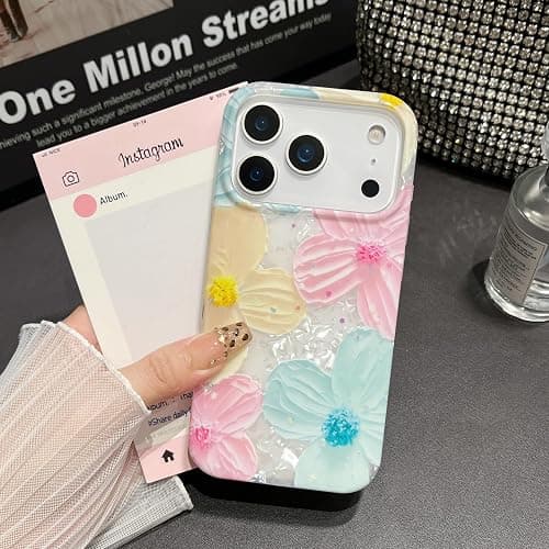 Jmltech for iPhone 17 Air Case Girly Aesthetic Floral Women Trendy Luxury Cute Shockproof Flowers with Beaded Phone Charms Strap Lanyard Oil Painting Flexible Silicone Phone Case for iPhone 17 Air thumbnail 4