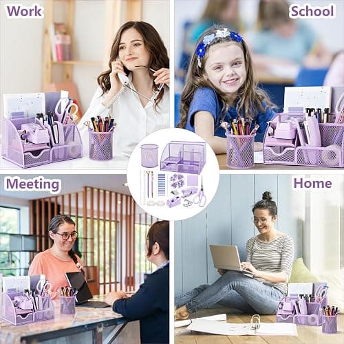 15 Pcs Purple Office Supplies Set Mesh Desk Organizer Accessories Kit Include Stapler Tape Dispenser Staple Remover Clips Ruler Scissors Sticky Notes for Office School Home Women (Purple) thumbnail 7