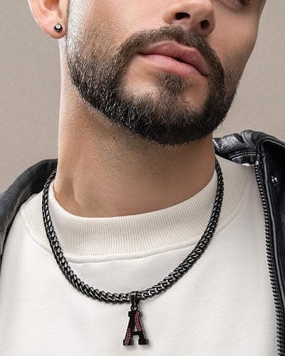 Avotto Initial A-Z Letter Baseball Necklace for Men Boys,5mm Silver/Gold/Black Sturdy Non-Fading Stainless Steel Cuban Chain with Baseball Letter Charm Pendant Neckalce Stuff Jewelry Gifts 20+2Inch thumbnail 2