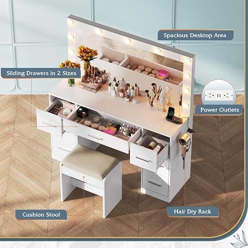 WLIVE White Vanity Desk with Large Mirror and Lights, Makeup Table w/7 Drawers & Power Outlets, Modern Vanity Table Set with Chair, Dressing Table for Bedroom Dressing Room Girl thumbnail 3