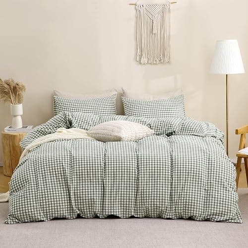 TOCOMOA Green Gingham Duvet Cover Bedding Set 100% Washed Cotton Like Linen Feel Super Soft Comfortable 3 Piece Vintage Plaid Checkered Comforter Cover Set (King 104"x90", Comforter Not Included) thumbnail 3